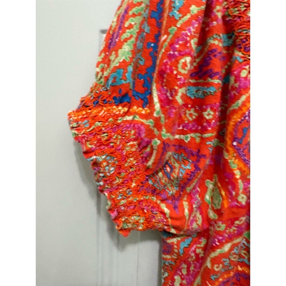 Lauren Ralph Lauren Blouse Womens 1X Orange Paisley Peasant Short Sleeve - Picture 2 of 6